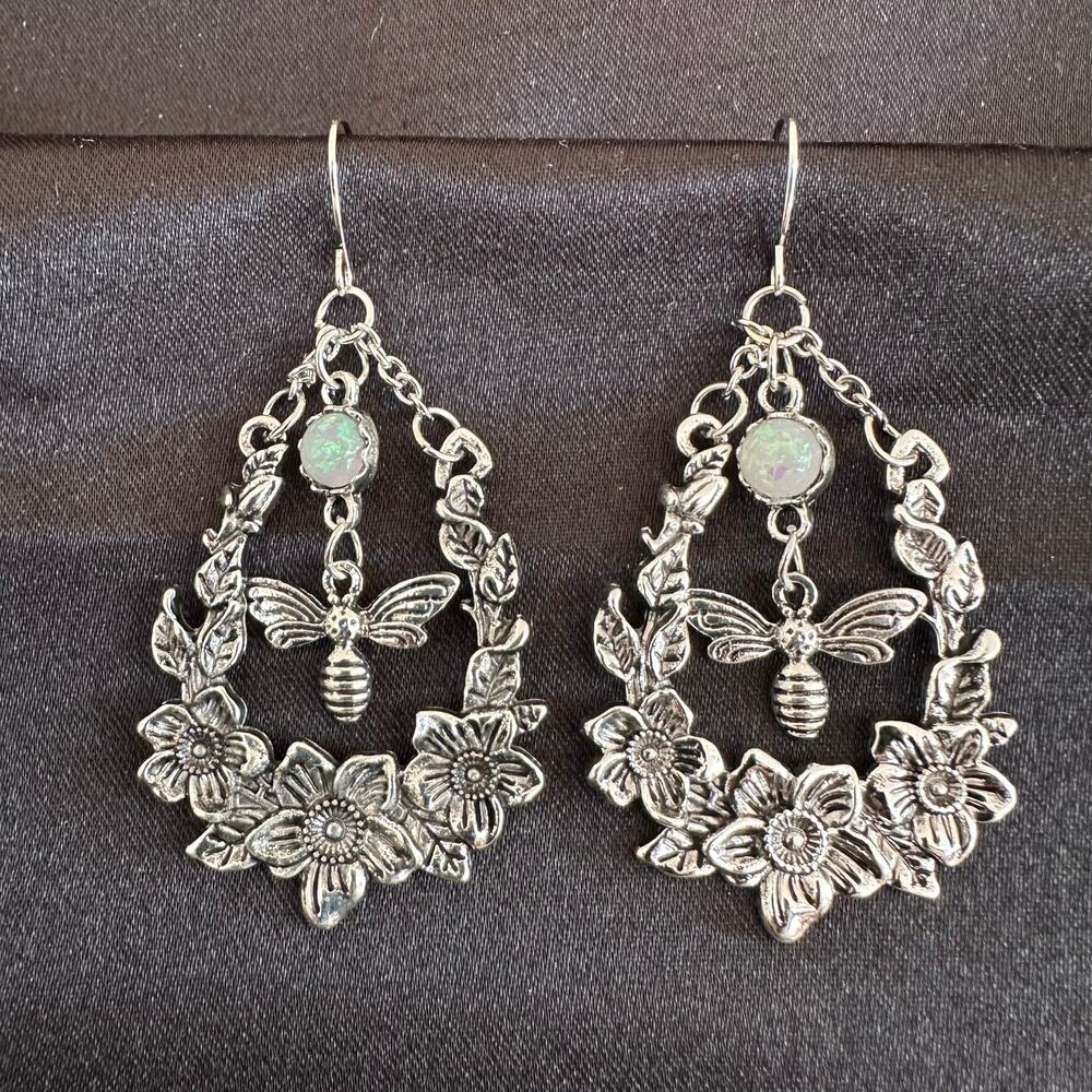 Boho Cottage Honeybee Silver Tone with Synthetic Opal Earrings